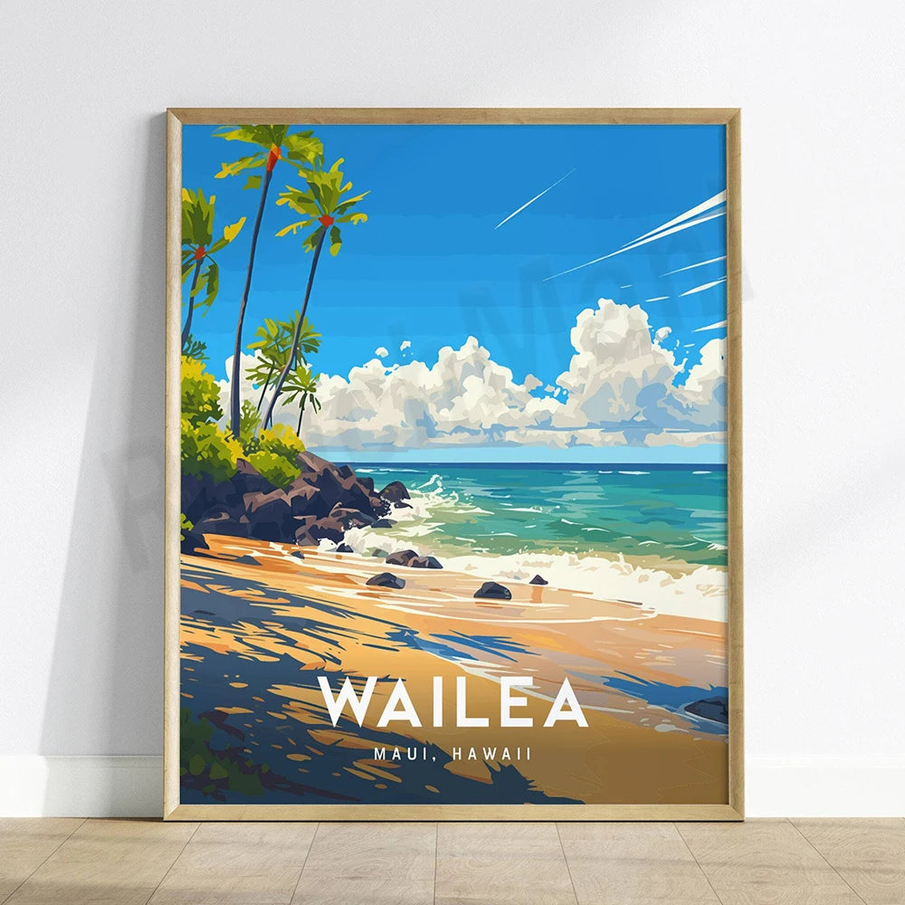 Affiche représentant une scène idyllique de la plage de Wailea à Maui, Hawaii, avec des palmiers et des vagues écumantes sur un fond de ciel bleu et de nuages blancs.