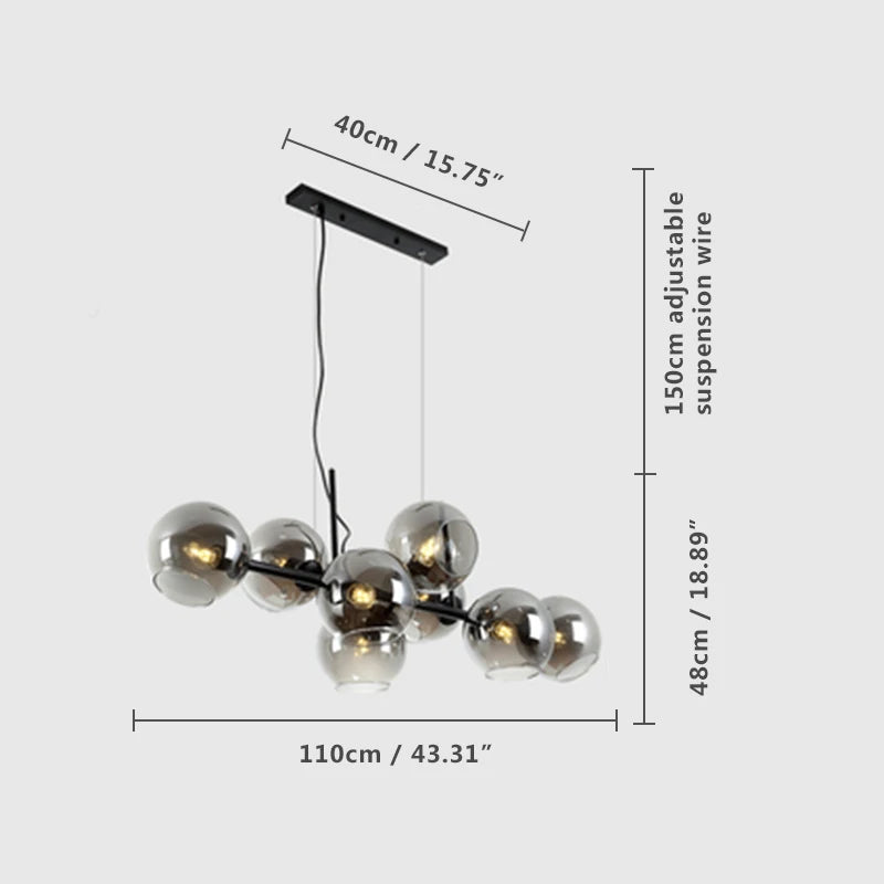 Suspension lumineuse nordique or noir boules transparentes ampoules LED 10m²