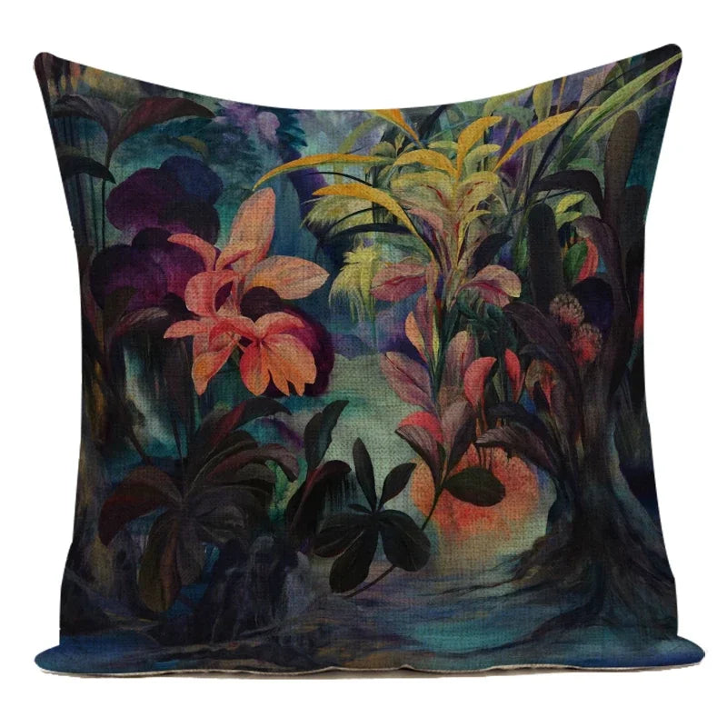coussin décoratif carré motif jungle tropicale fleurs cactus moderne canapé salon maison multicolore