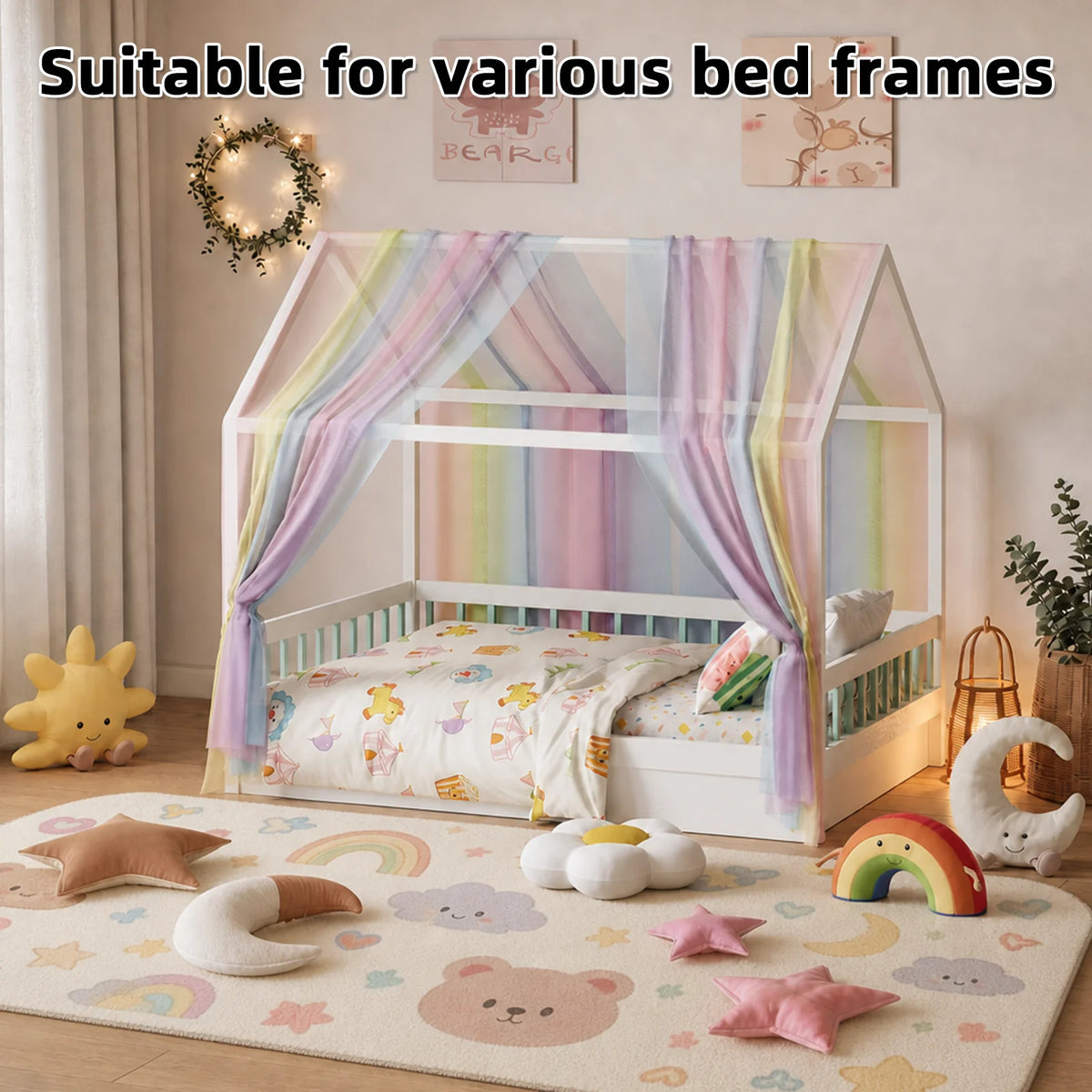 rideau arc ciel enfant lit cabane rayures horizontales multicolore moderne oreillers coussins tapis