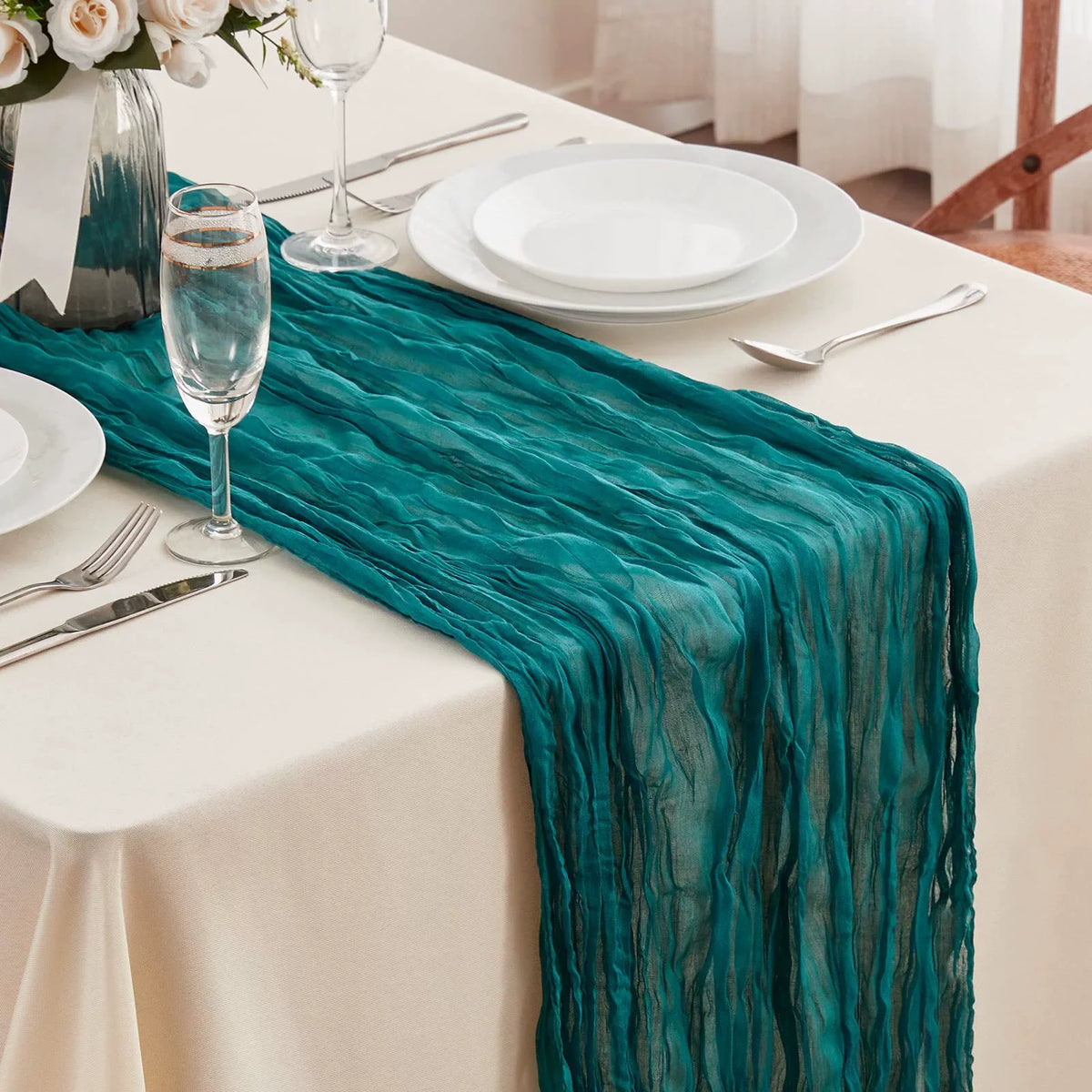 ruban table moderne rayures horizontales bleu clair beige vert olive 90x180cm festifs assiettes fourchettes