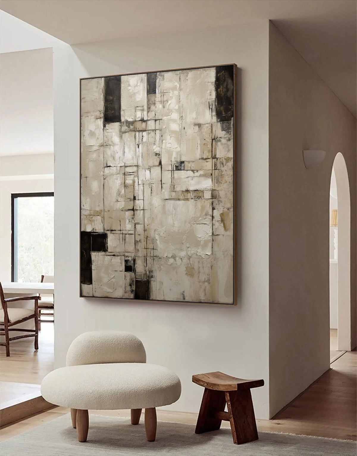 tableau abstrait moderne minimaliste beige noir blanc géométrique toile huile peinture main livingroom bedroom