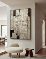 tableau abstrait moderne minimaliste beige noir blanc géométrique toile huile peinture main livingroom bedroom