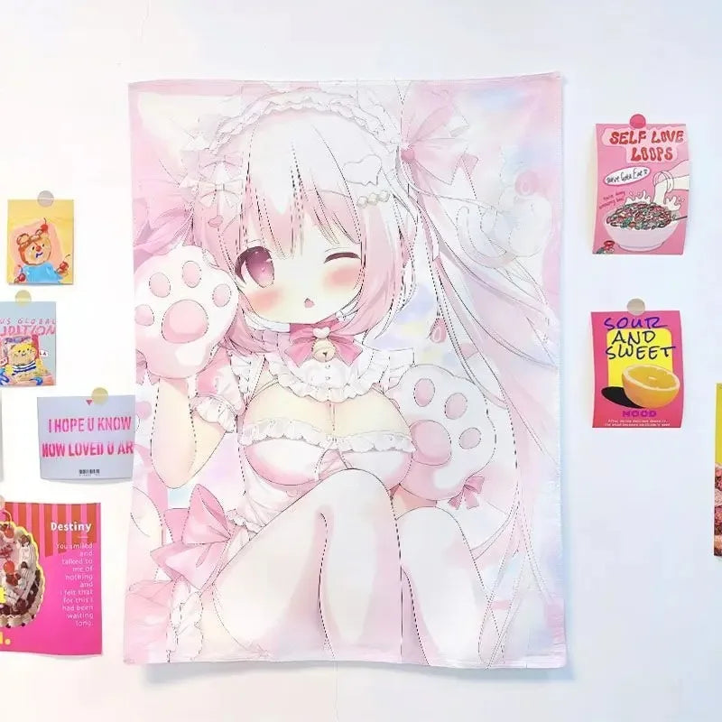 tapisserie murale anime personnage féminin décoration chambre adolescente coton motif doux rose blanc gris