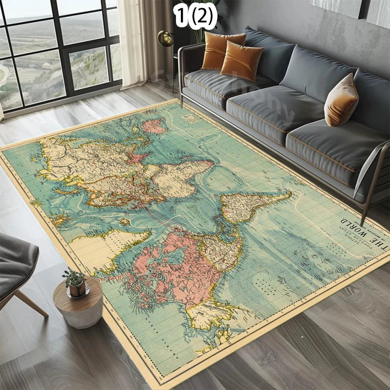 tapis sol vintage carte monde décoratif chambre enfant voyage rétro multicolore rectangulaire