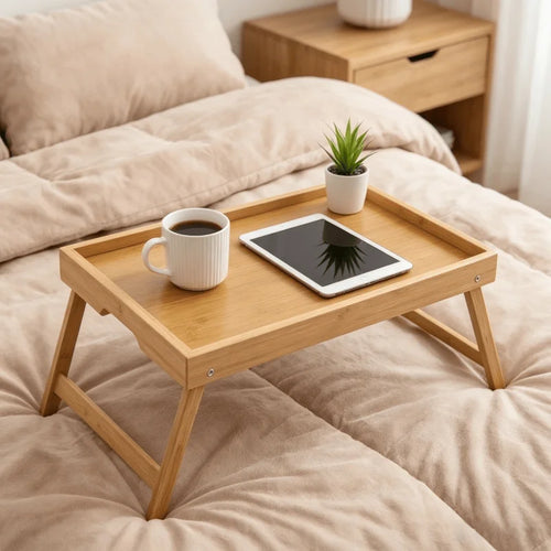 table pliable bois naturel moderne serviette bol tasse assiettes fruits gâteaux portable