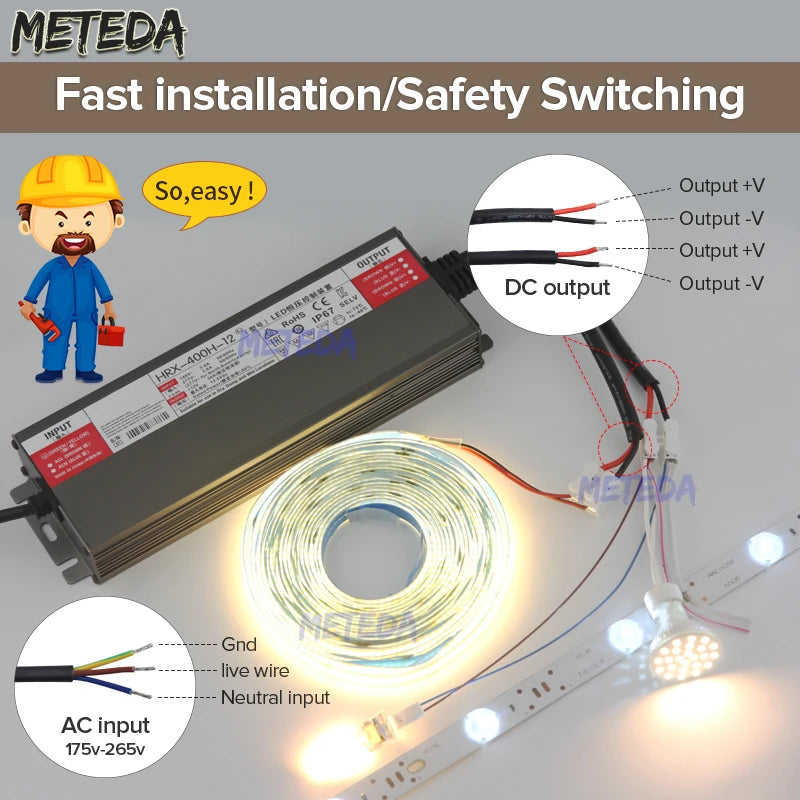 transformateur led étanche 12v 24v 36w 600w ip67 super thin waterproof certifié fcc rohs