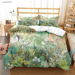 housse couette taies oreillers motifs tropicaux feuilles fleurs oiseaux exotique vert rouge orange bleu