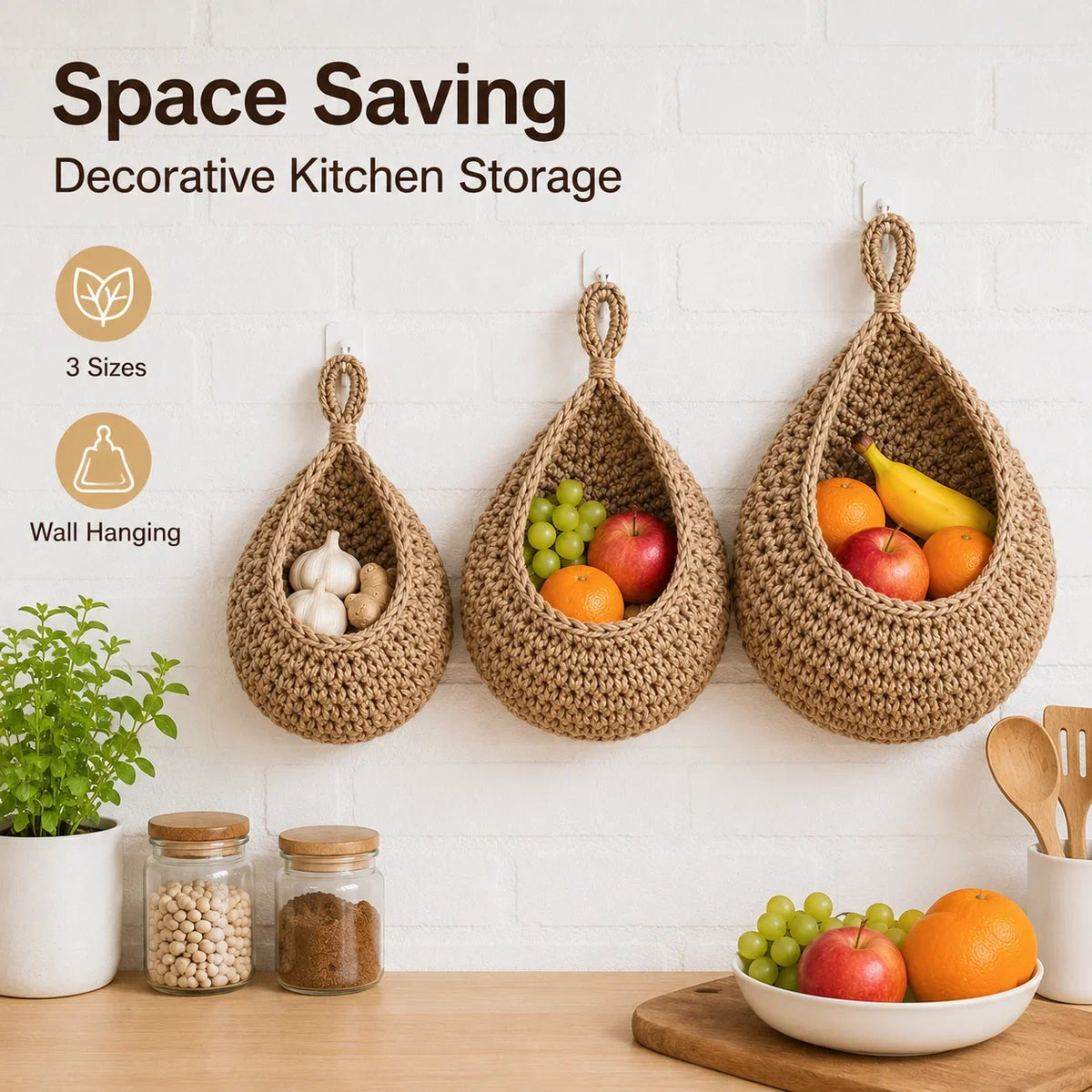 panier suspendu tressé marron rustique fruits légumes cuisine murs rangement multifonctionnel