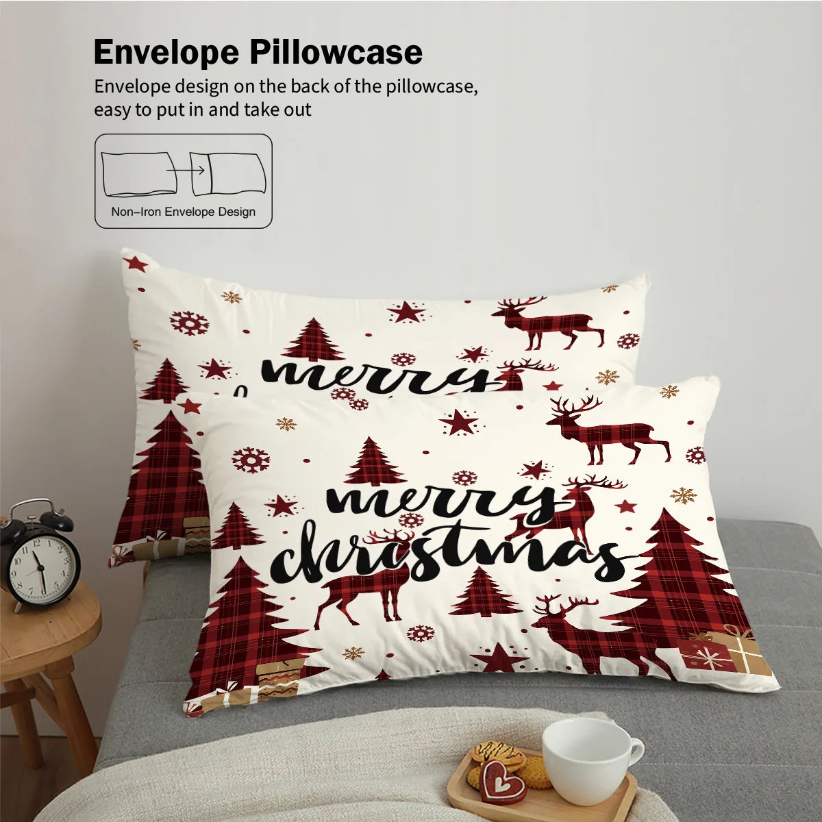 ensemble literie noël cerfs motifs tartan blanc rouge noirversible couvre lit taies oreillers polyester