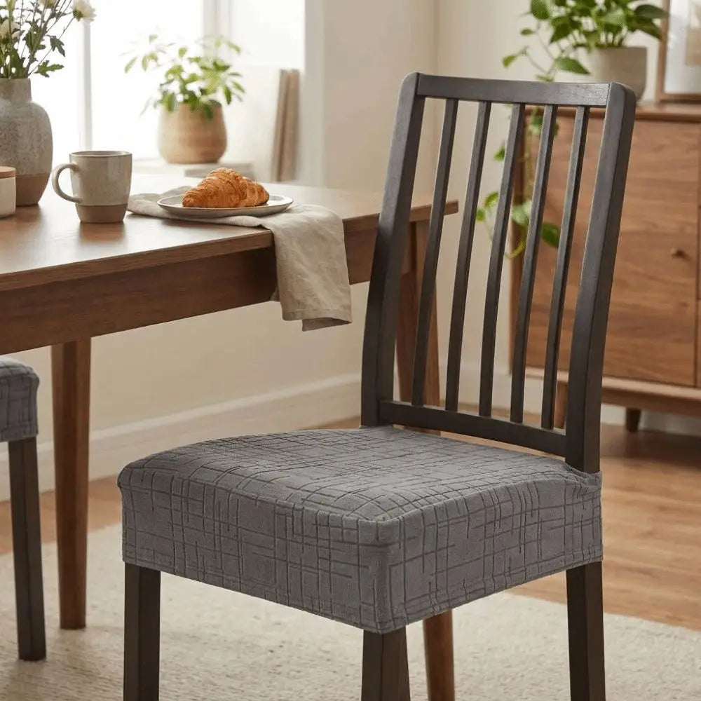 housses chaise tissu jacquard motif géométrique gris antidérapantes modernes fixations inclusées