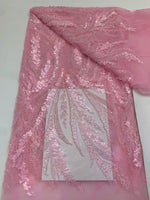 tissu dentelle polyester feuilles stylisées rouge élégant orné mariage fête