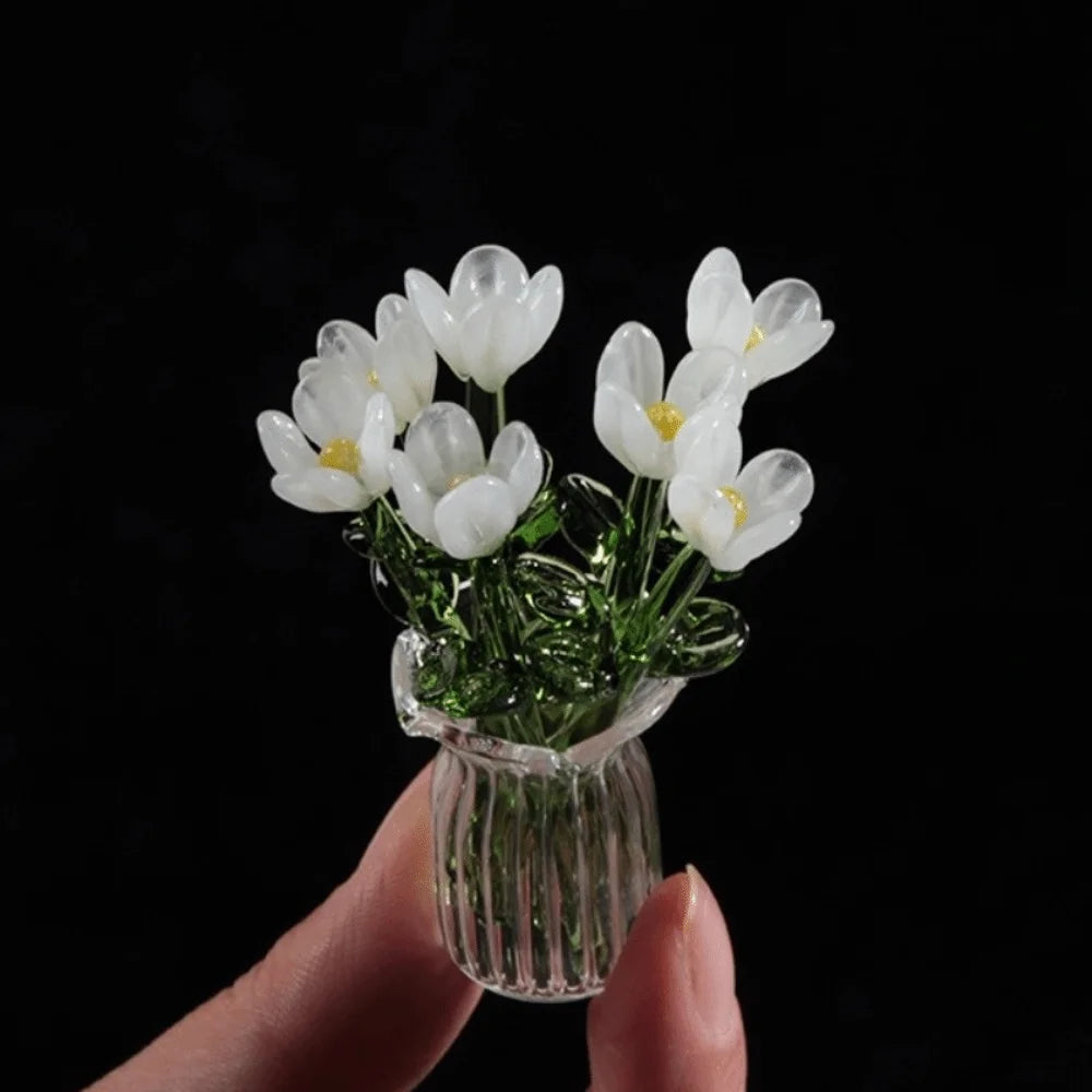 bouquet artificiel violet jaune vert blanc bleu orange feuilles vertes miniature vase transparent six