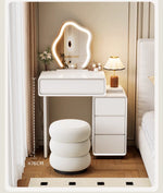 maquillage blanc moderne miroir ovale tiroirs accessoires lampe tabouret minimaliste