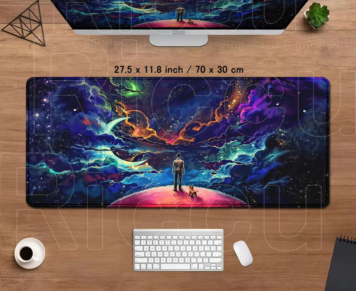 tapis souris gaming large taille bleu violet nuages étoiles antiderapant moderne
