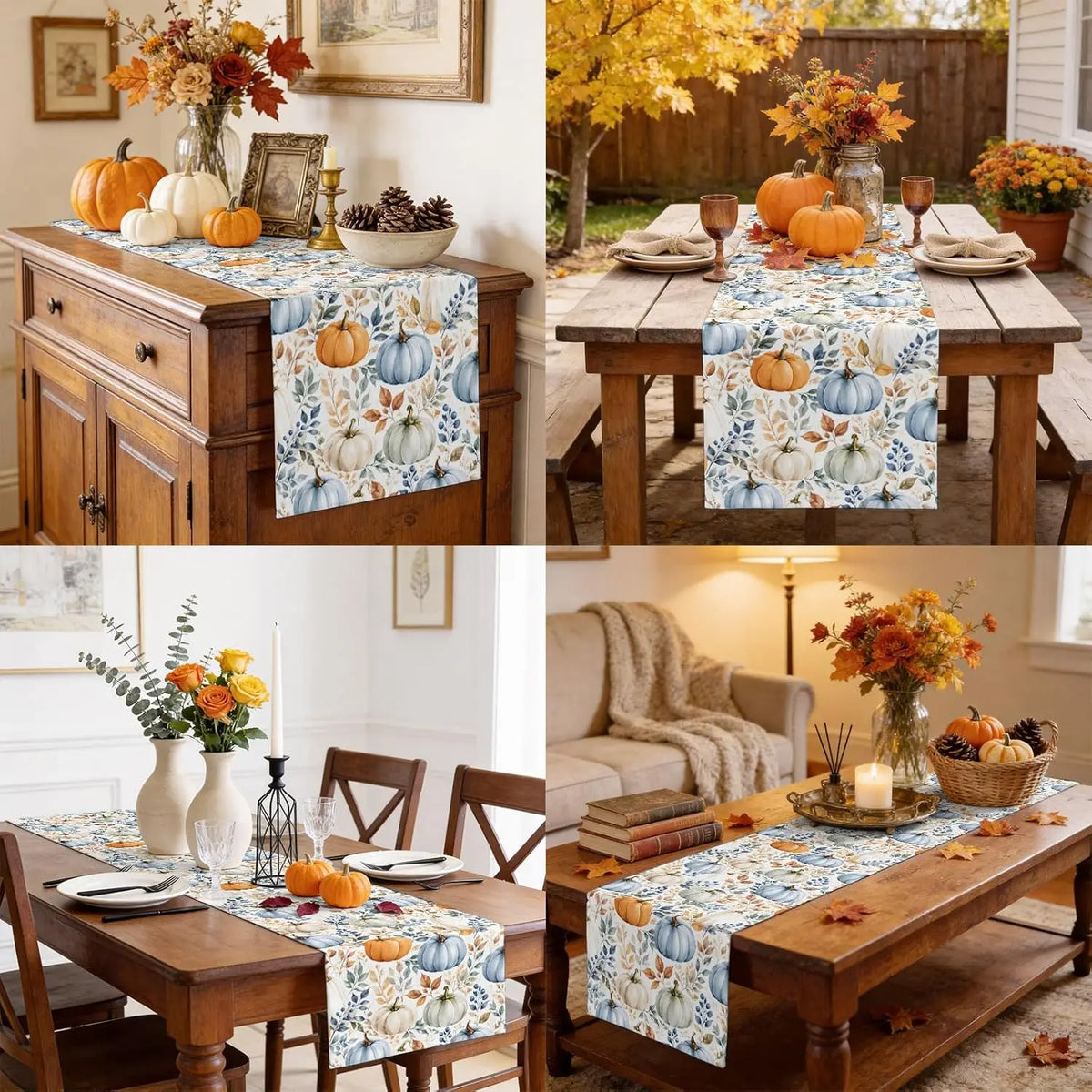 nappe automnale citrouilles feuilles mortes rustique motif peint main blanc orange bleu marron festive