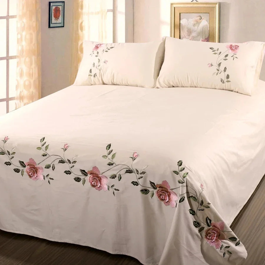 drap lit rose brodé feuilles vertes coton polyester lit adulte classique floralsetSize: 14 words