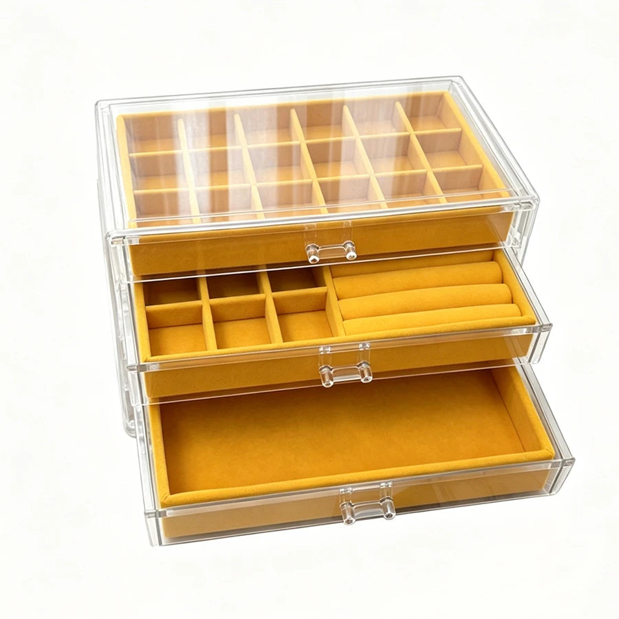 boîte bijoux transparente jaune velours moderne poignées rangement bague boucle d'oreille organisation trois niveaux
