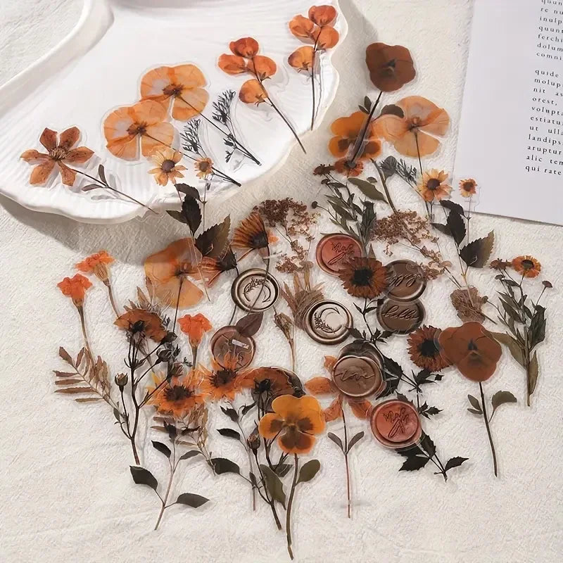 autocollants fleurs séchées orange marron bleu violet rouge jaune adhésifs naturels rustiques 40 pièces