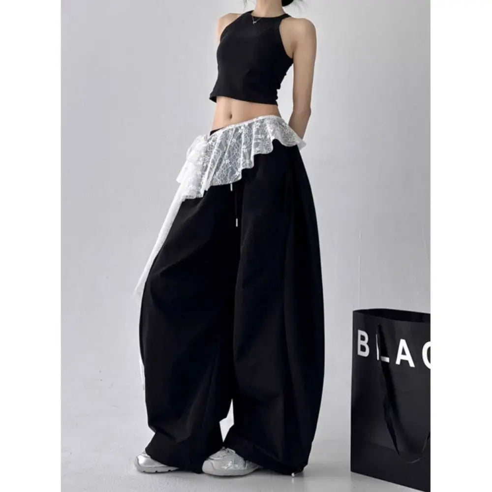 pantalon large femme noir dentelle blanche moderne translucide élastique y2k streetwear