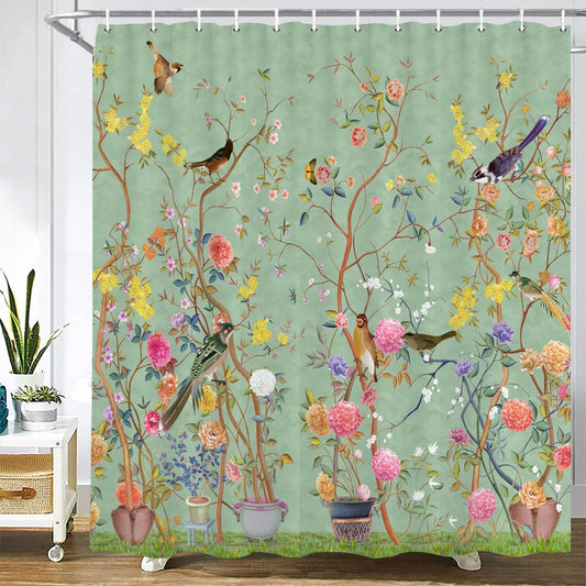Rideau de douche jungle florale avec oiseaux colorés