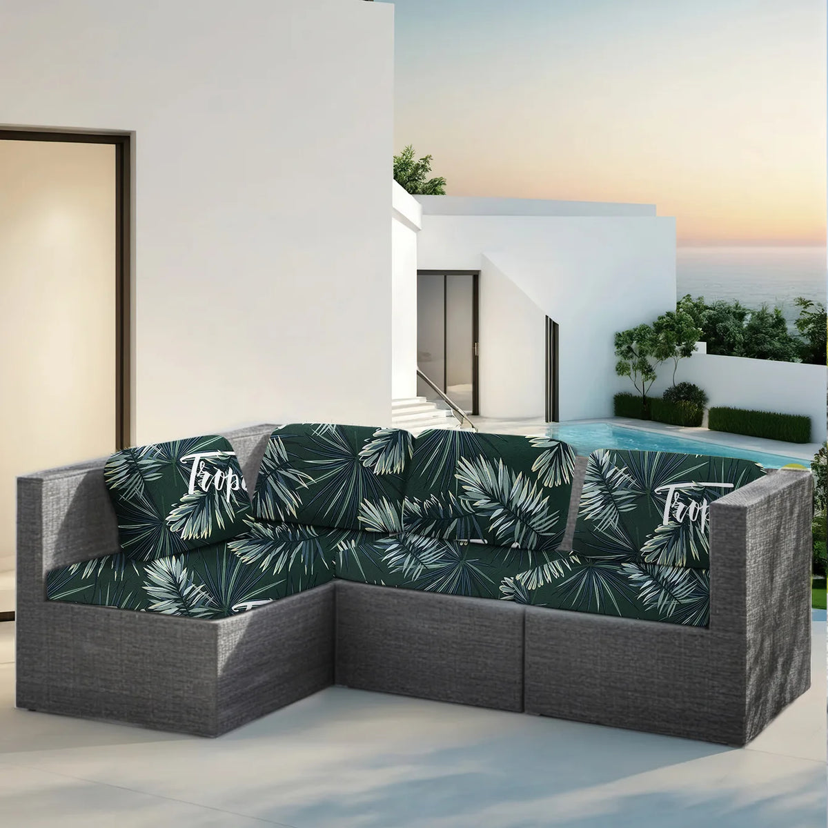 canapé d'angle extérieur housses polyester feuilles tropicales gris moderne printemps été lavable