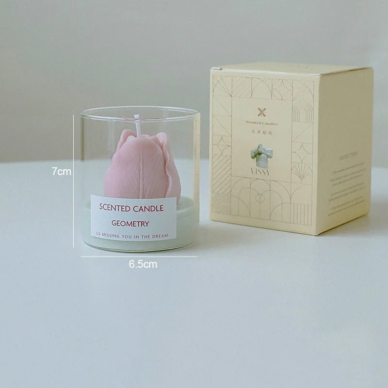 bougies parfumées verre transparent fleurs roses tulipes aromathérapie couleurs pastel boîte cadeau dorée