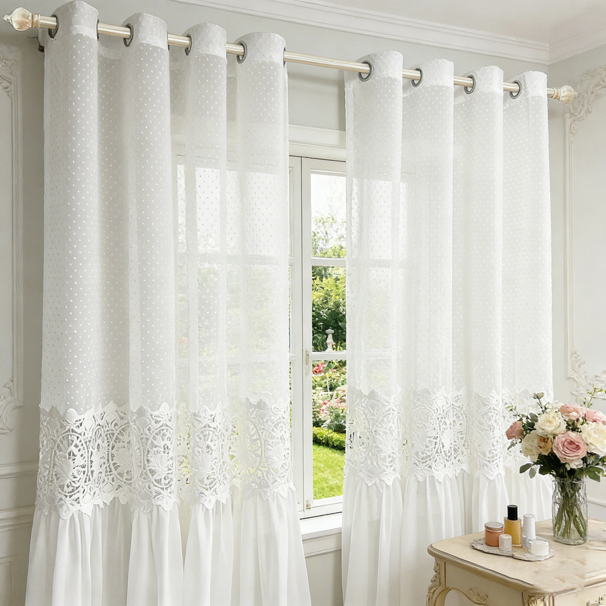 rideau blanc transparent dentelle classique anneaux chambre farmhouse