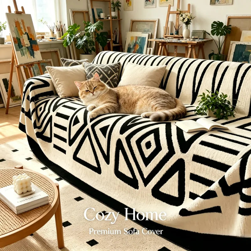 couverture canapé polaire géométrique blanc noir douillette machine wash adaptable animaux domestiques moderne