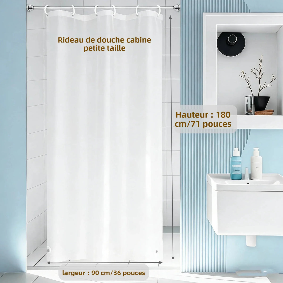 rideau douche transparent moderne 90x180cm blanc uni aimants lestés respectueux environnementôtelles antirouille
