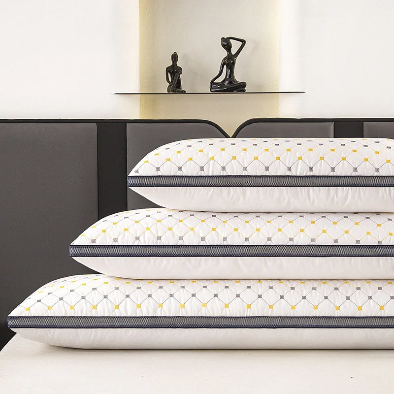 oreiller mousse mémoire forme oblong motif géométrique anti ronfement polyester blanc gris jaune moderne