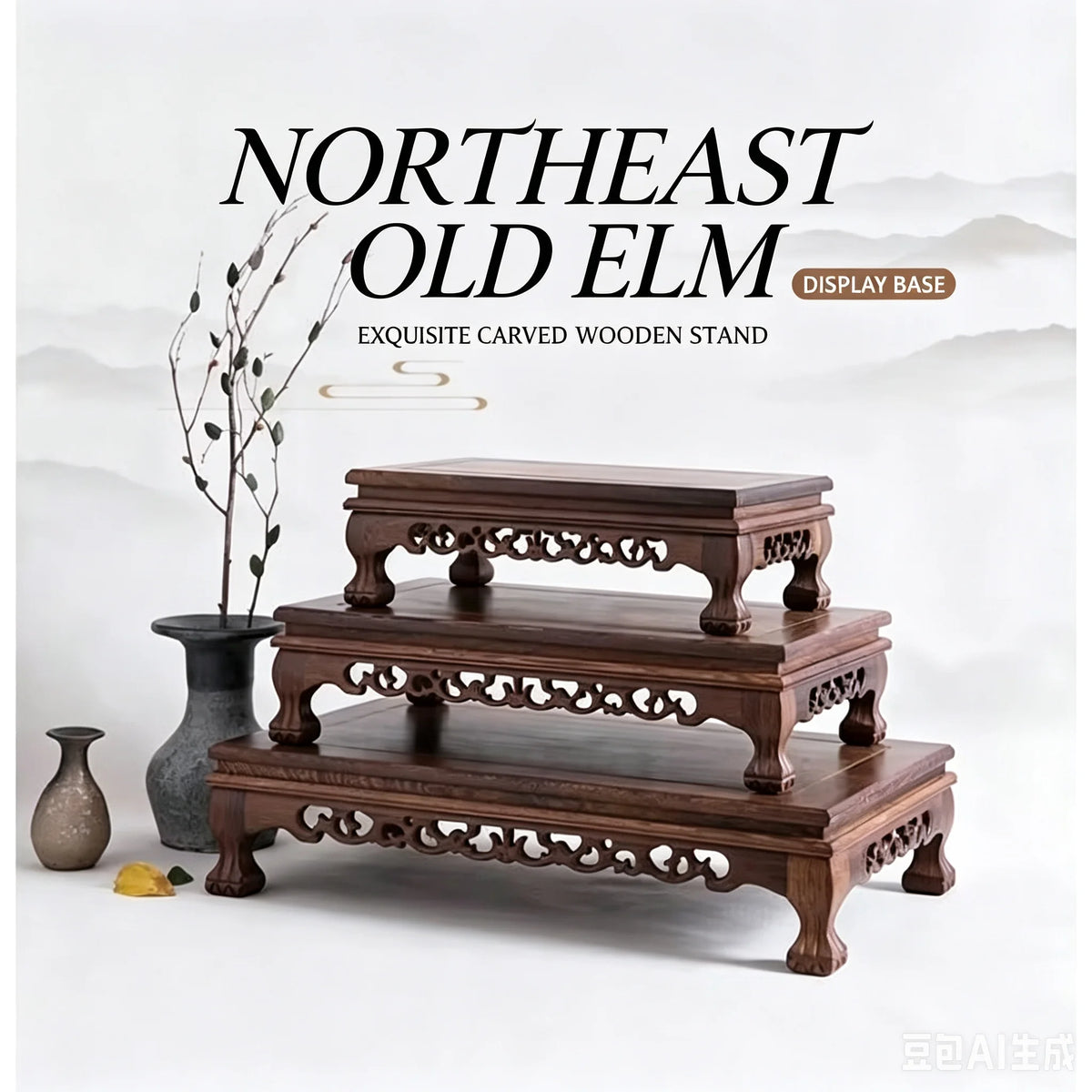 support d'affichage bois sculpté classique pied table vintage marron foncé motifs naturels