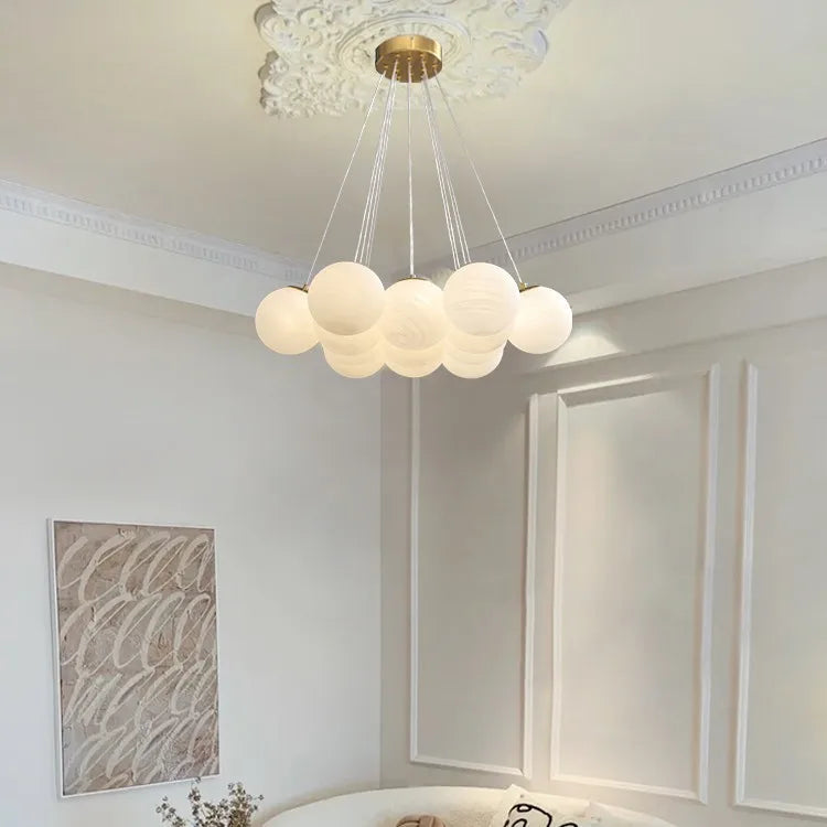 suspension lumineuse moderne blanc texture tissée boules verre fixation flux lumineux 2000 82000