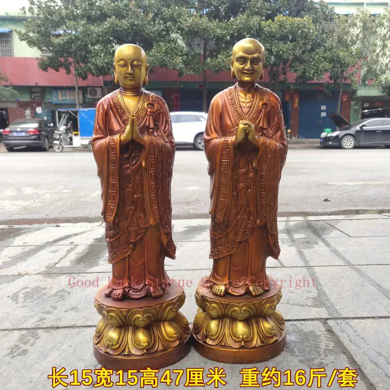 statues bouddha bronze or traditionnel asiatique bouddhiste drapé texture lisse socles ornés 47cm haute