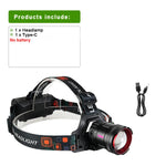 lampe frontale led rechargeable moderne bande élastique zoom noir rouge vert