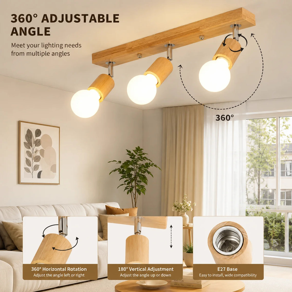 Spot moderne bois naturel blanc ajustable cuisine salle manger chambre coucher