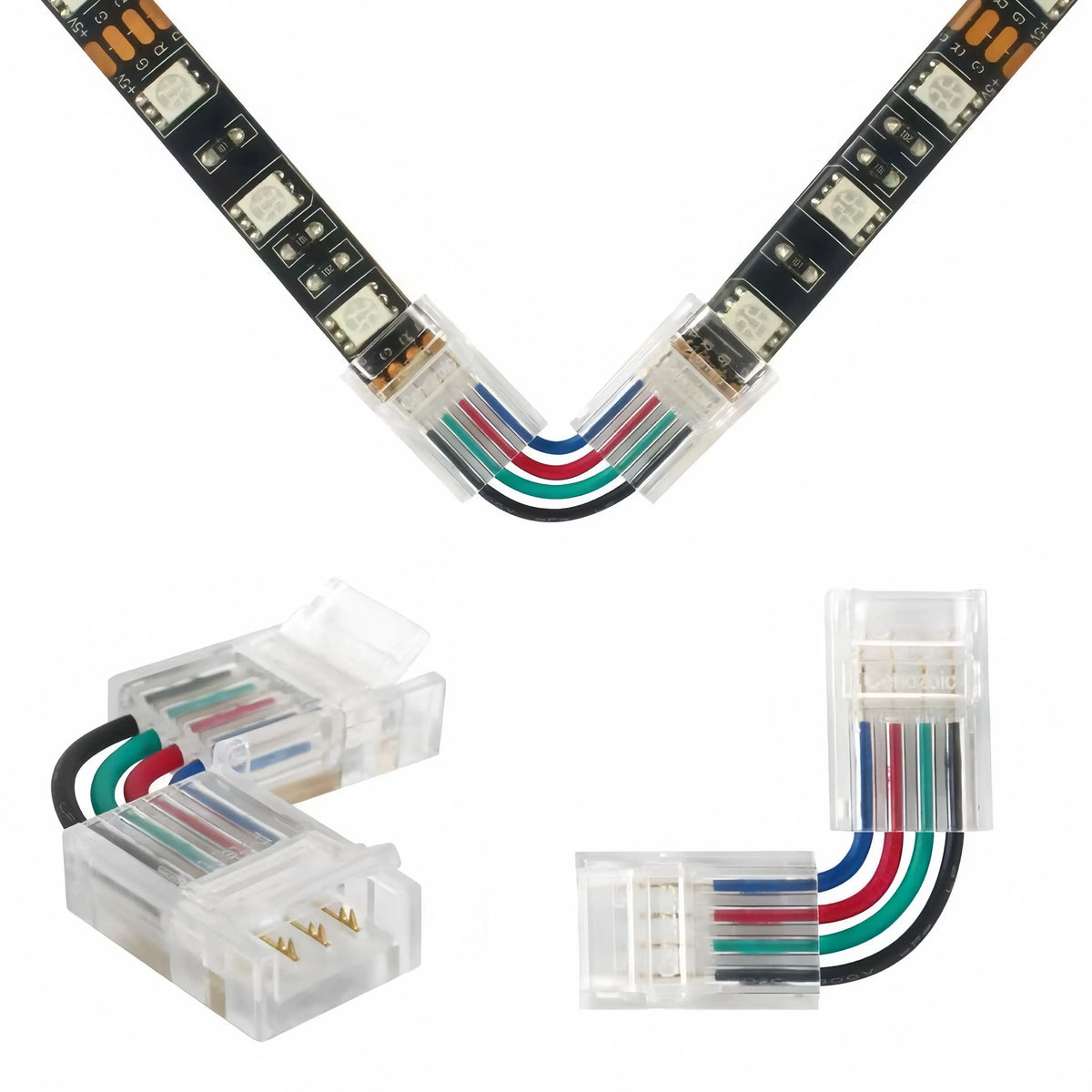 connecteurs led transparents broches dorées clips modernes 24v basse tension câbles colorés rouge vert