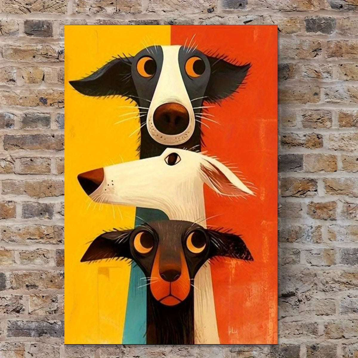 tableau moderne trois chiens stylisés animal compagnie abstrait jaune orange noir