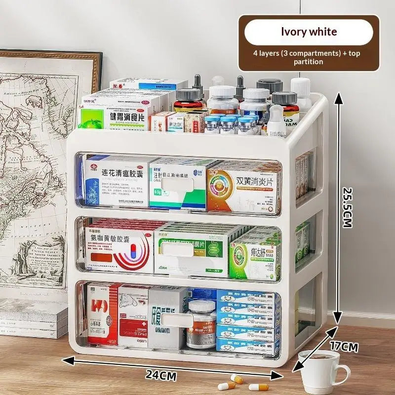 boîte rangement médicaments transparente moderne blanc compartiments bouteilles différentes tailles organisation pharmacie portative