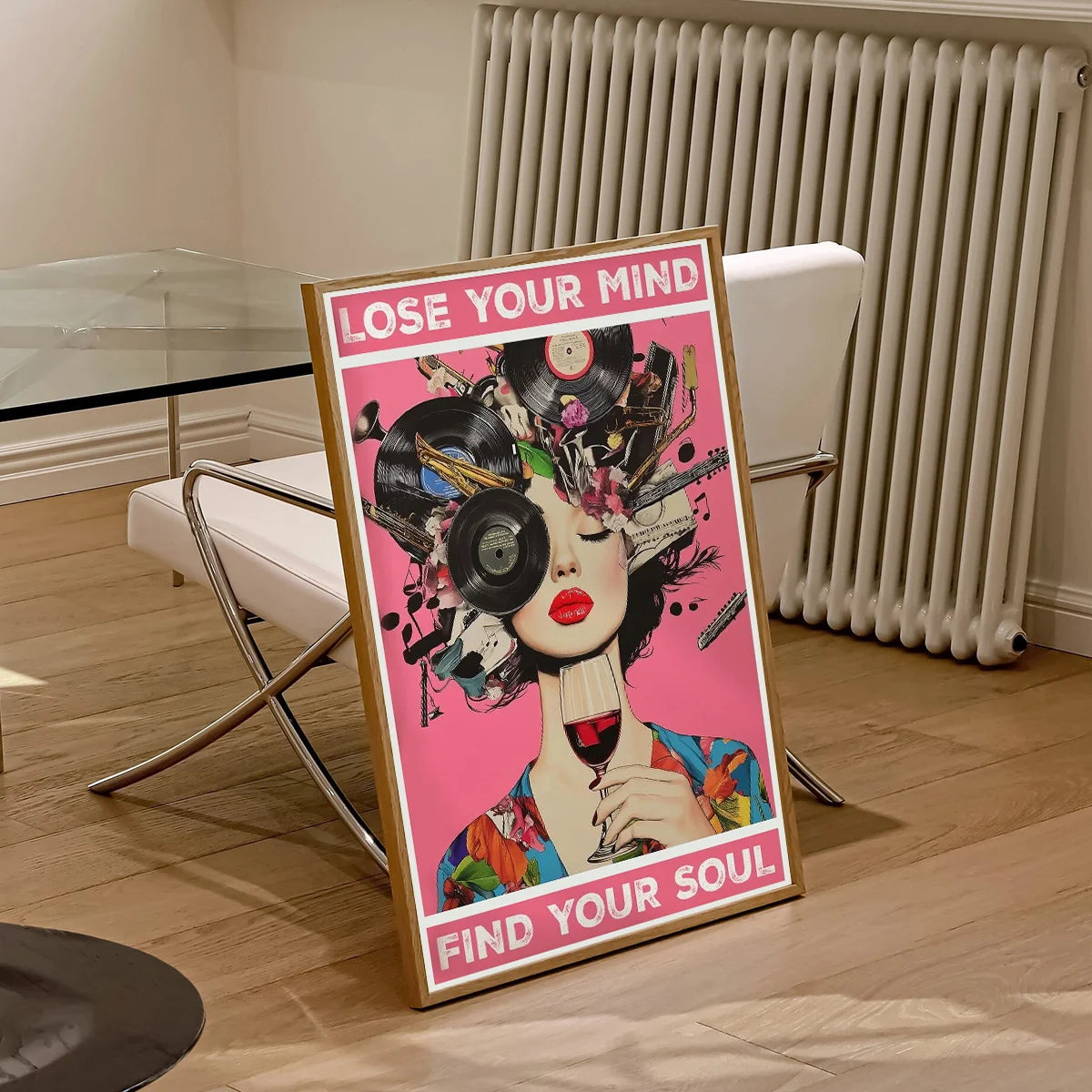 affiche murale impression toile abstraite vintage personnages stylisés disques vinyle fleurs textes bleu blanc