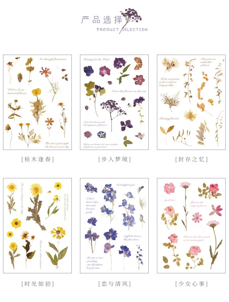 sticker decoratif fleur seche vintage romantique violet rose jaune beige vert adhesif individuel
