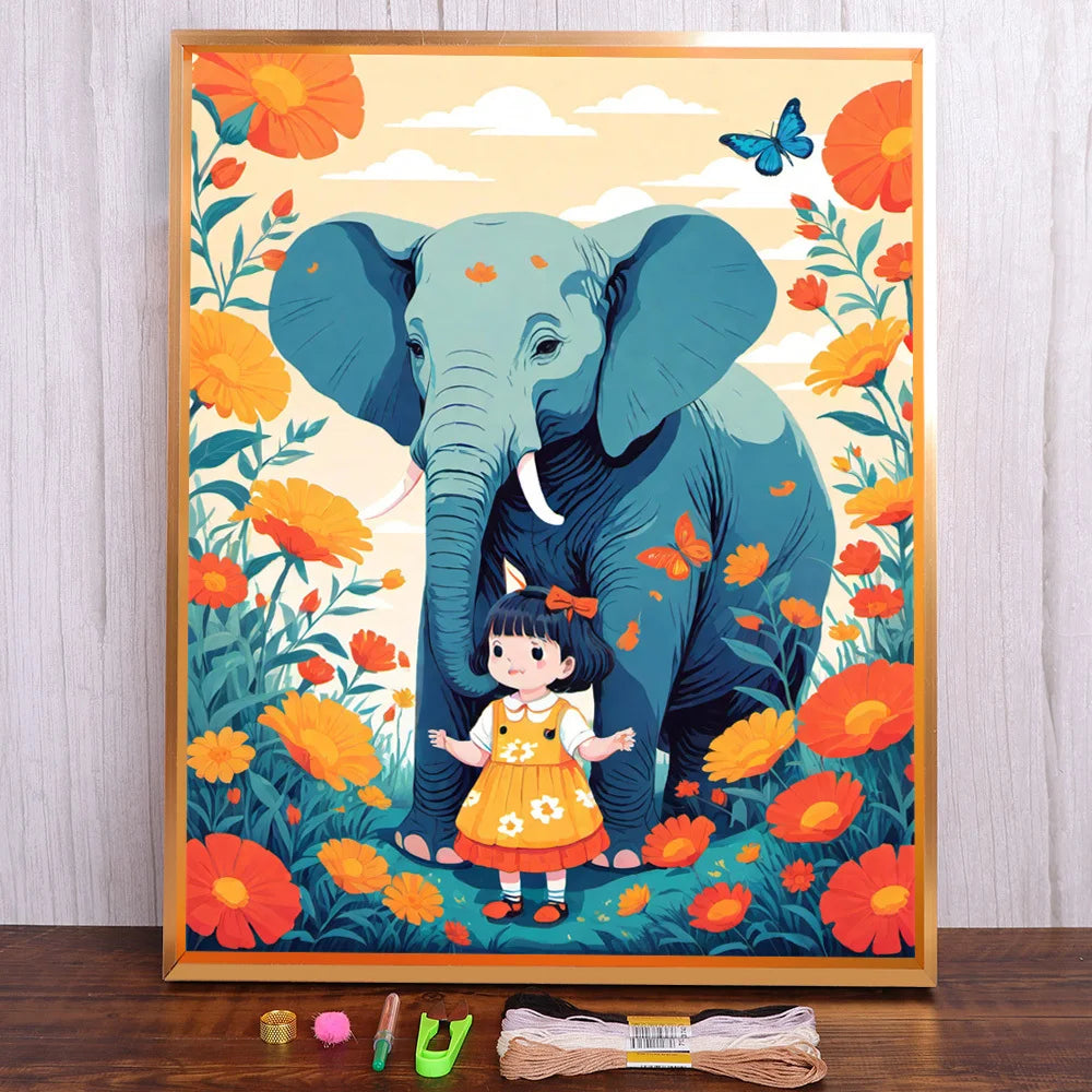 tableau imprimé fille éléphant paysage fleuri point croix peinture coton moderne artistique décoration intérieure