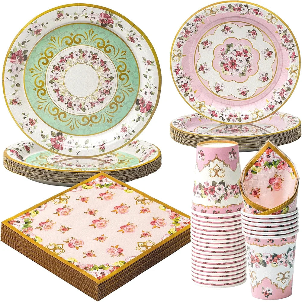 assiettes papier fleuries rose vert serviettes tasses bordure dorée classique vintage anniversaire fête mères