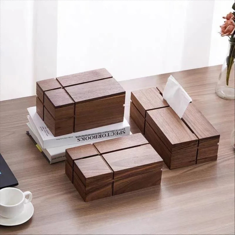 boîte mouchoirs bois marron moderne minimaliste tissu amovible grain naturel salon