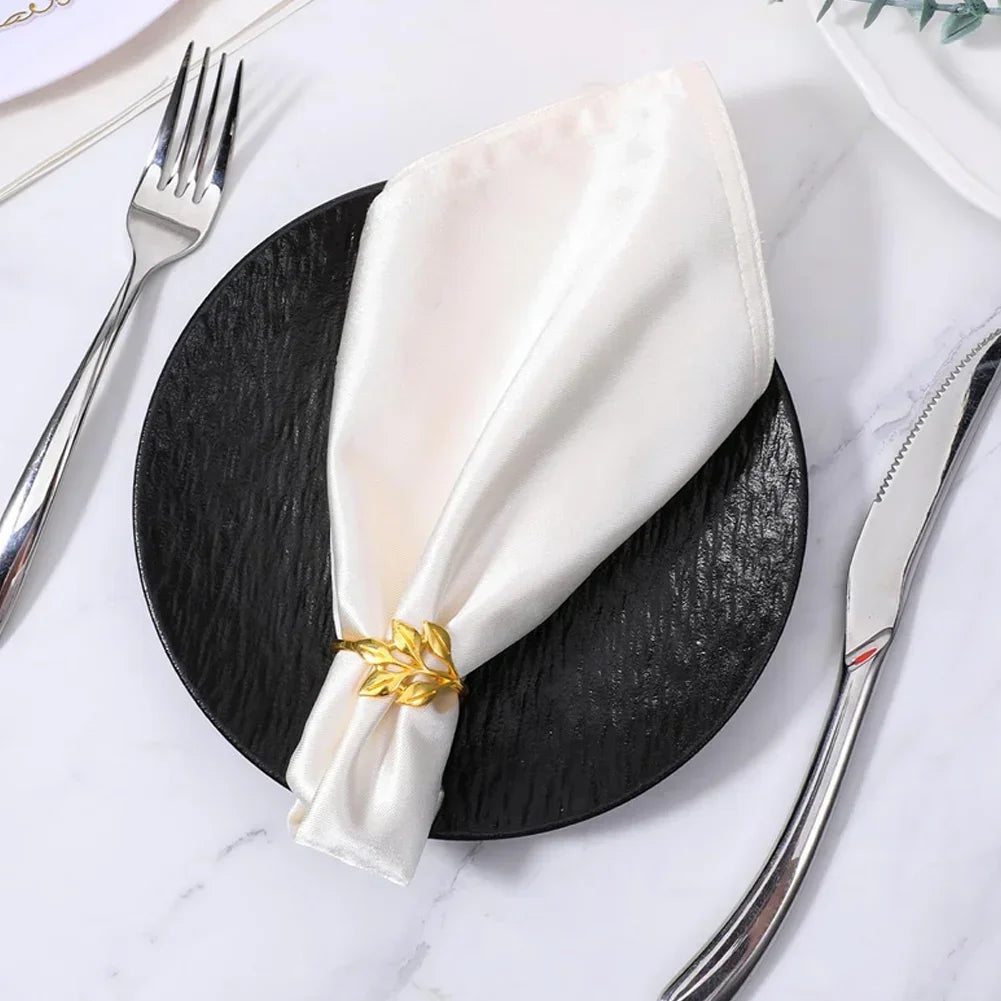 anneaux serviette feuilles stylisées blanc doré moderne élégants adhésifs ensemble 12 métal brillant table