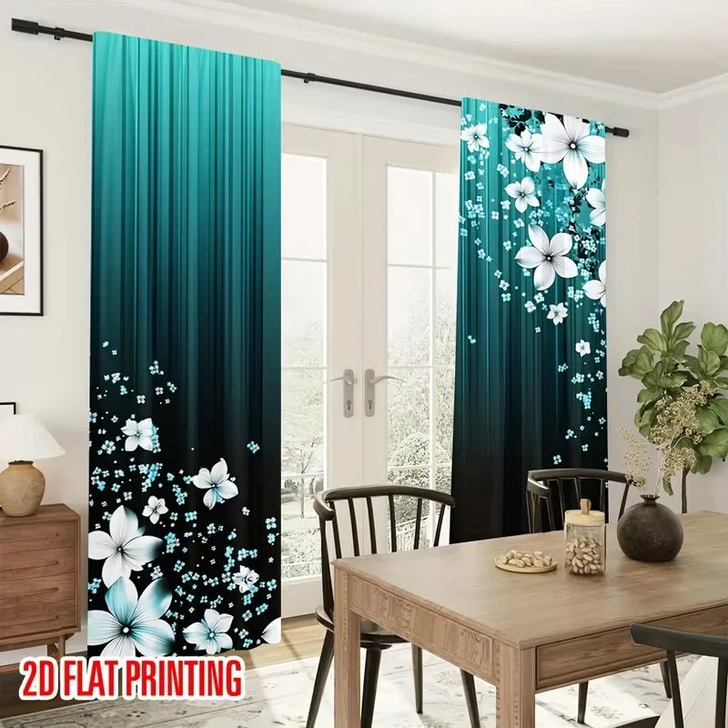 rideau moderne fleurs blanches turquoise noir polyester chambre salon 60x150cm 75x166cm 105x230cm 130x210cm