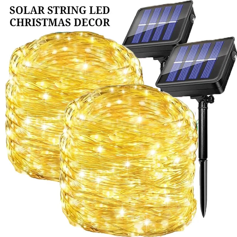 guirlande lumineuse solaire fil cuivre blanc chaud décoration jardin extérieur fête nuit led moderne