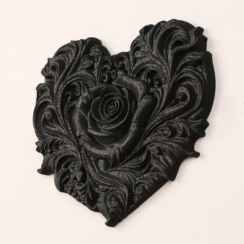 décoration murale cœur sculpté noir floral baroque intérieur 12cm 13.3cm roses feuilles