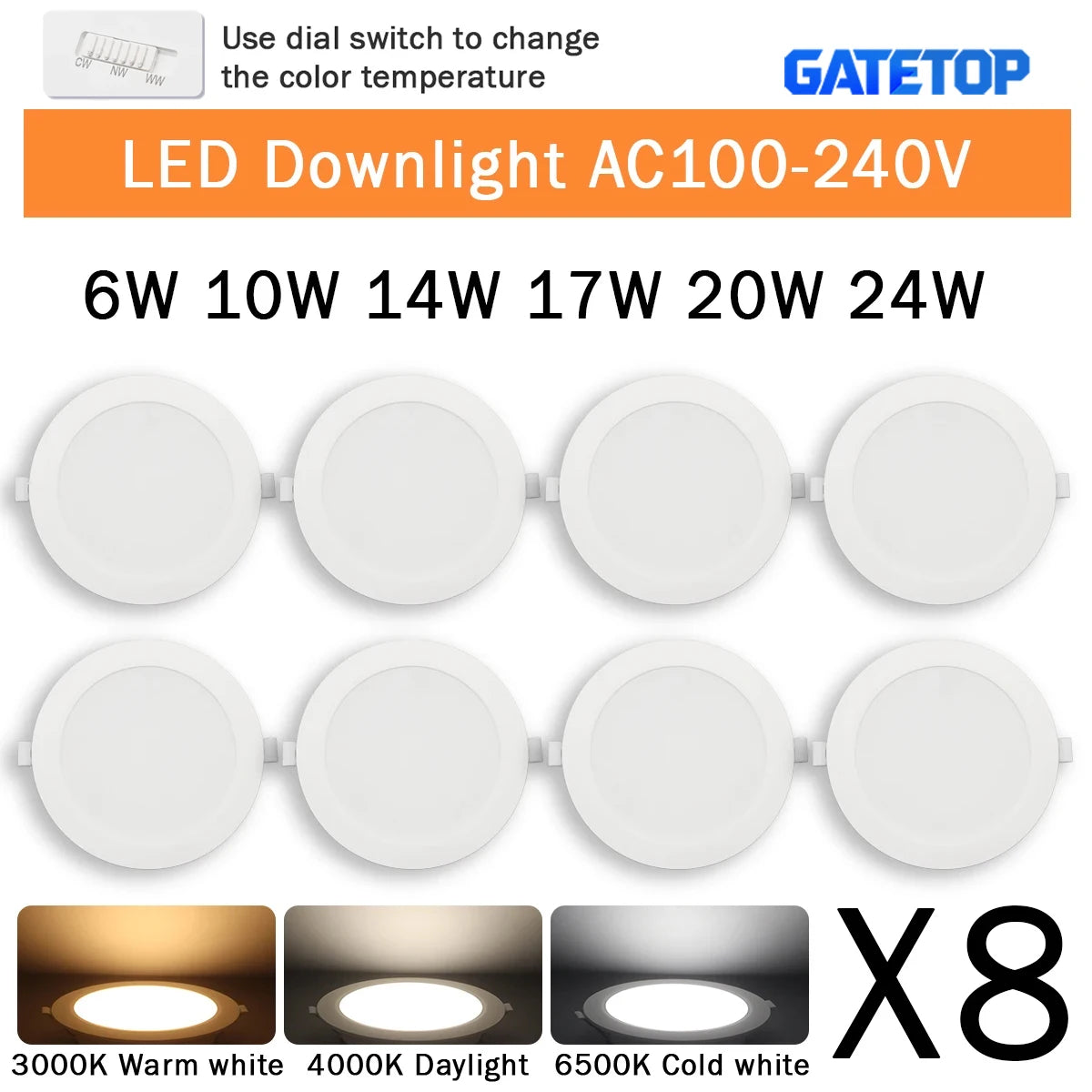 spots led 6w 10w 14w 17w 20w 24w blanc moderne encastrables 120° 3cct ac100