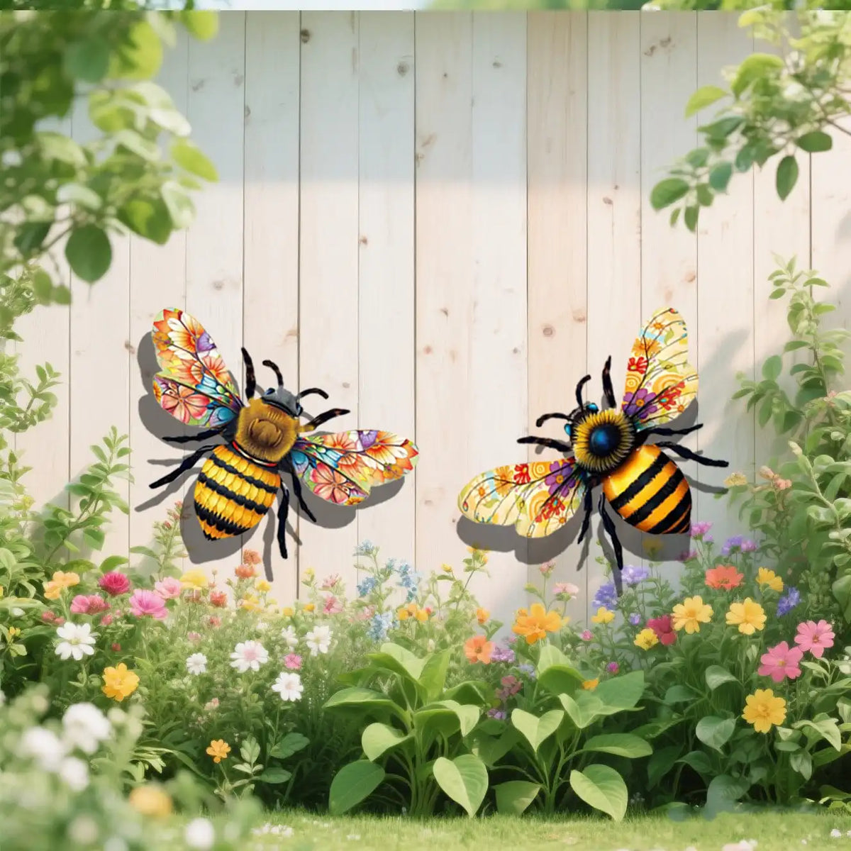sculpture abeille métal couleur noir jaune artisanal extérieur intérieur motifs floraux papillon